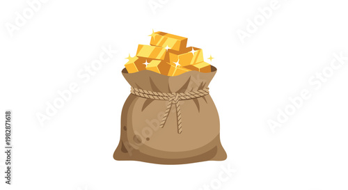 A rustic brown burlap sack tied with a thick rope is filled with sparkling gold bars that glisten brightly against a clean and simple white background.