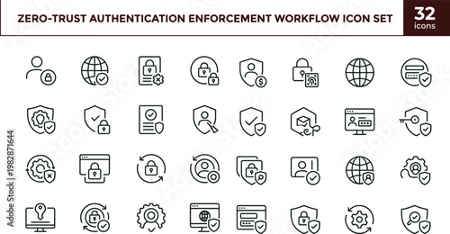 Zero trust authentication enforcement workflow outline icon set identity security access control policy engine device trust vector icons
