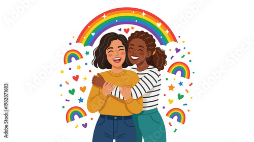 Two Women Embracing Rainbow Background.
