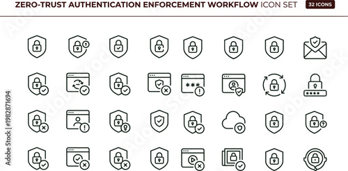 Zero trust authentication enforcement workflow outline icon set identity verification access control security policy MFA infrastructure vector icons