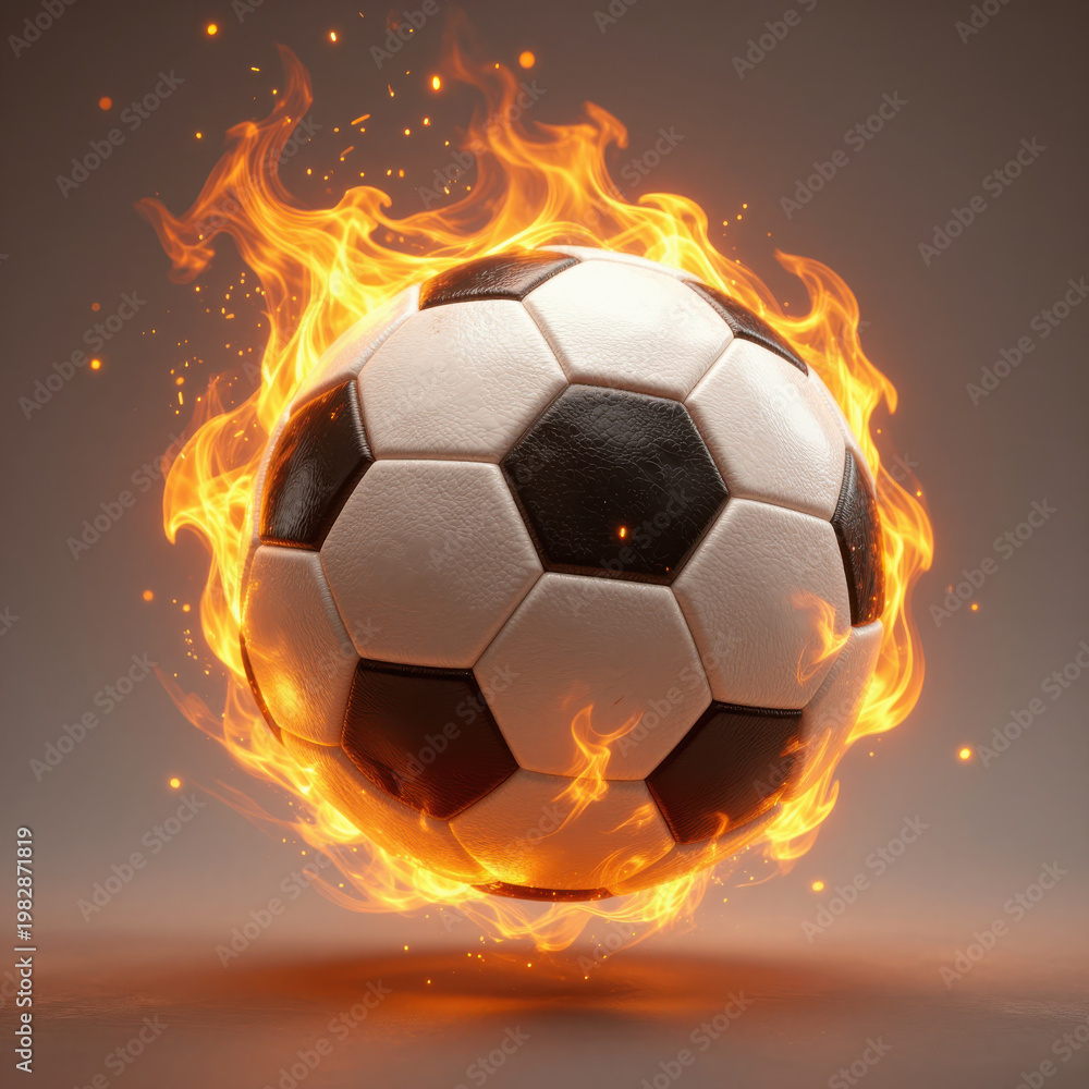 Fototapeta premium Black and White Soccer Ball Engulfed in Flames, Isolated on Dark Background