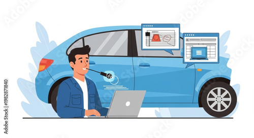 Automotive diagnostics technician working on car computer systems.