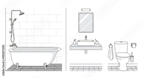 Bathroom Fixtures Line Drawing.