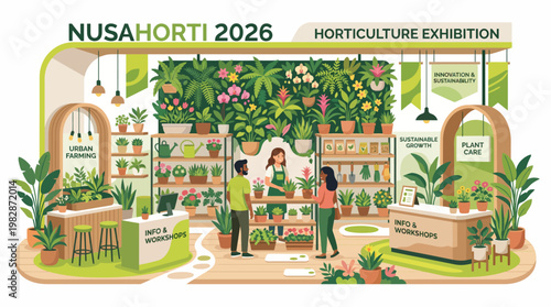 Illustration of people attending the Nusahorti 2026 horticulture exhibition with various plants and gardening tools on display in an indoor setting.