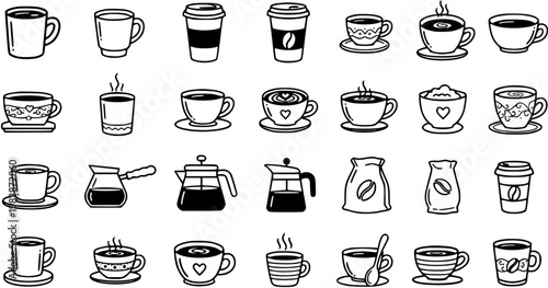 Black and White Line Art Coffee Cups, Mugs, and Coffee Pots Vector Icons Set