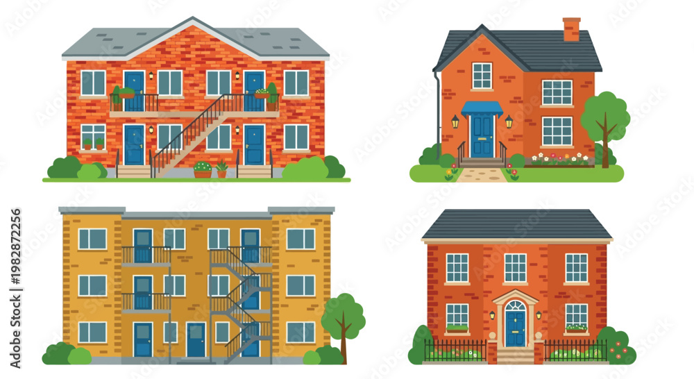 Fototapeta premium Illustration of four colorful detached houses with varying architectural styles