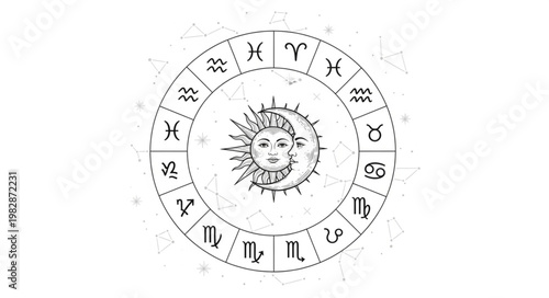 Astrology Zodiac Wheel with Sun and Moon Face.
