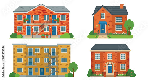 Illustration of four colorful detached houses with varying architectural styles