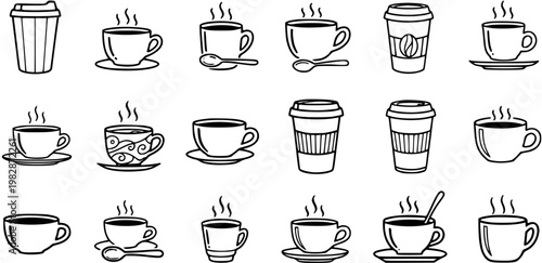 Coffee Cups and Mugs Black and White Line Art Icons Set. Hand-Drawn Cafe  Beverage Outline Doodles for Food and Drink Industry Design Elements.