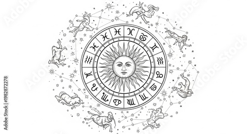 Astrology Zodiac Wheel with Sun and Constellations.