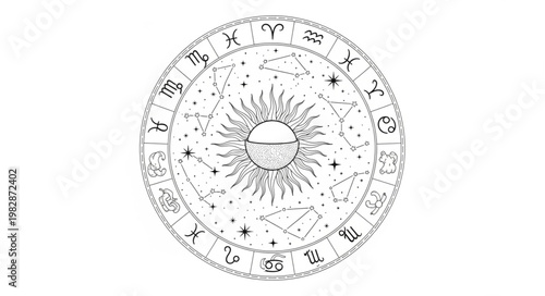 Astrology Zodiac Wheel with Sun and Stars.