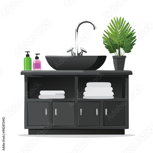 Modern bathroom sink with faucet toiletries and decorative plant illustration