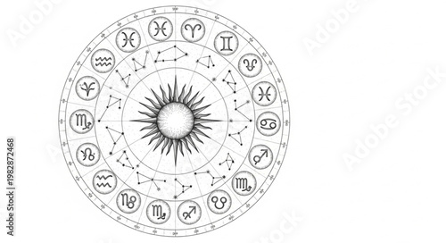 Astrology Zodiac Wheel with Sun and Stars.