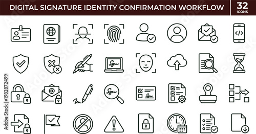 Digital signature identity confirmation workflow outline icon set biometric authentication secure approval verification pipeline vector symbols