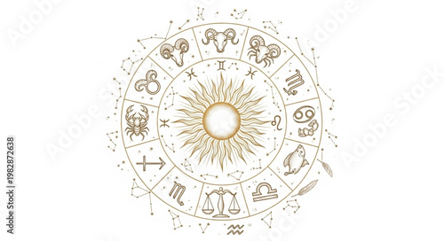 Astrology Zodiac Wheel with Sun and Symbols.
