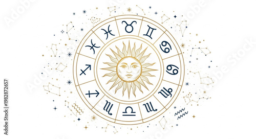Astrology Zodiac Wheel with Sun and Symbols.