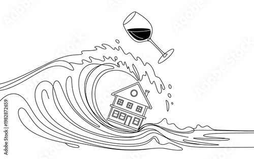 A house is swept away by a giant wave of wine in a surreal scene