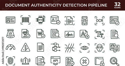 Document authenticity detection pipeline outline icon set identity verification OCR biometric security validation workflow vector symbols