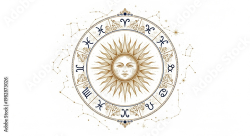 Astrology Zodiac Wheel with Sun Face and Symbols.