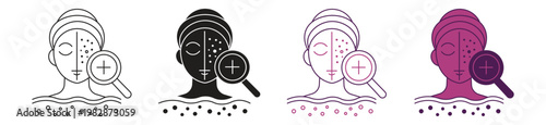 Skin pigmentation icon set. Woman with acne and clean face symbol. Vector illustration.