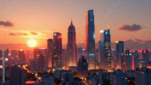 City Skyline with Skyscrapers at Sunset with Sun in the Background