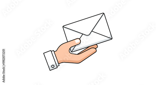 A clean illustration shows a hand wearing a white dress shirt cuff holding a sealed white envelope at a diagonal angle against a plain white background.