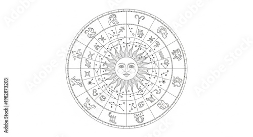 Astrology Zodiac Wheel with Sun Face Illustration.