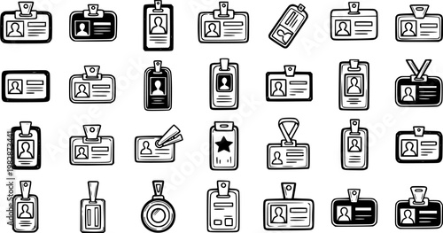 Hand Drawn Line Art ID Badges and Security Passes Icons Set - Black  White Business Identity  Access Vector Collection