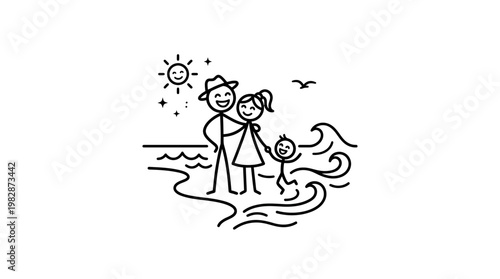 Happy Stick Figure Family at the Beach