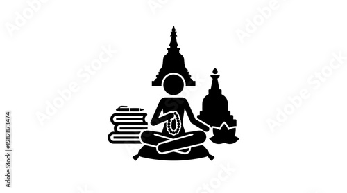 Buddhist Monk Meditating with Religious Symbols