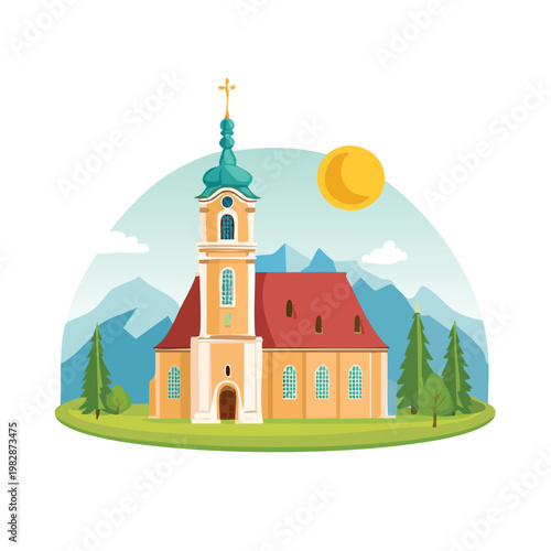 Cartoon church illustration with green trees and mountains background