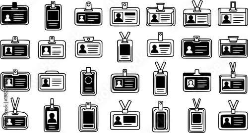 Black and White Line Art Icons of Various ID Badges, Pass Holders, and Access Cards on White Background