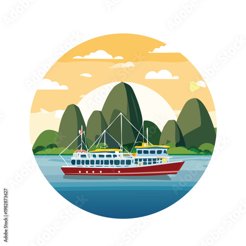 Illustrated ship sailing on water with mountains and sun vector design