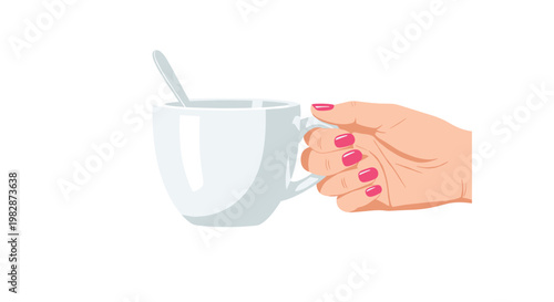 A delicate right hand featuring bright pink nail polish holds a pristine white ceramic coffee mug with a silver spoon inside on a white background.
