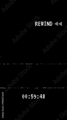 Vertical Old Damaged VHS Tape Rewind Glitch Interface Animation with Alpha Channel, Retro Noise, and Distortion