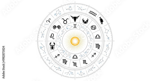 Astrology Zodiac Wheel with Sun Symbol in Center.