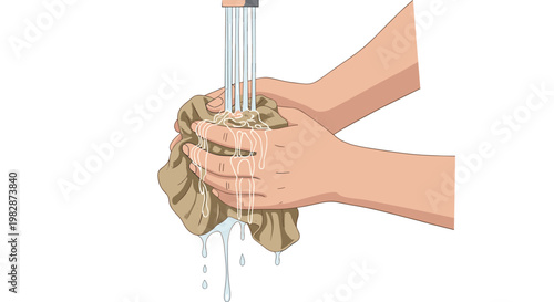 A pair of hands thoroughly scrubs a textured brown rag under a clear stream of water flowing from a silver faucet against a minimalist background.
