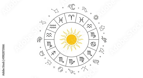 Astrology Zodiac Wheel with Sun Symbol in Center.
