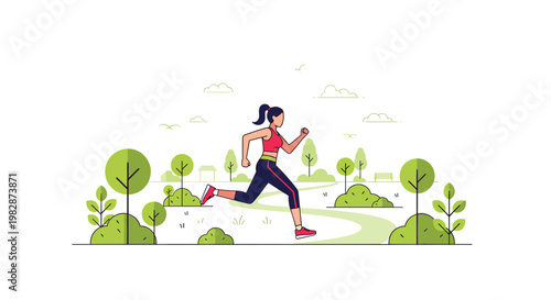 A vibrant female athlete in a red top and black leggings runs along a winding green path through a stylized park filled with minimalist trees.