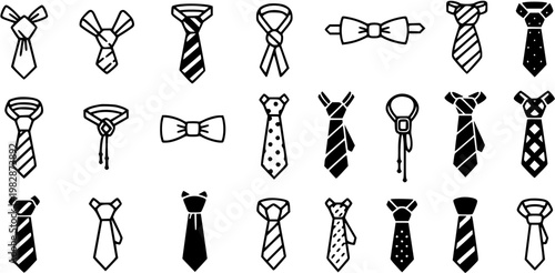 Black and White Line Art Icon Set of Various Neckties and Bow Ties for Fashion and Formal Wear