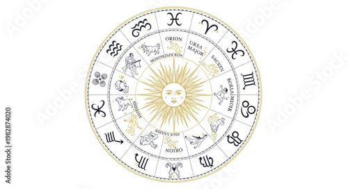 Astrology Zodiac Wheel with Sun Symbol in Center.
