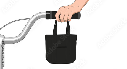 A detailed human hand firmly grips a black bicycle handlebar while carrying a small black canvas tote bag against a clean and minimalist background.