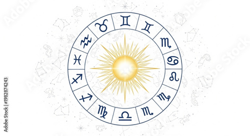 Astrology Zodiac Wheel with Sun Symbol in Center.