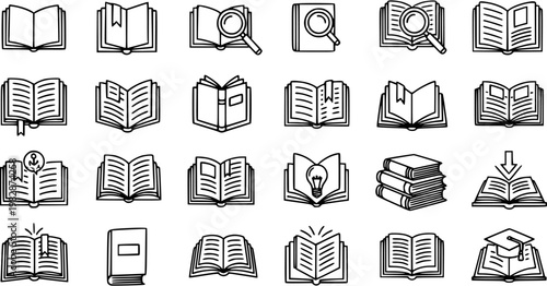 Education and Knowledge Line Art Books Icons Set. Outline Symbols for Learning, Reading, Library, and Study. Black and White Glyph Vector Collection.