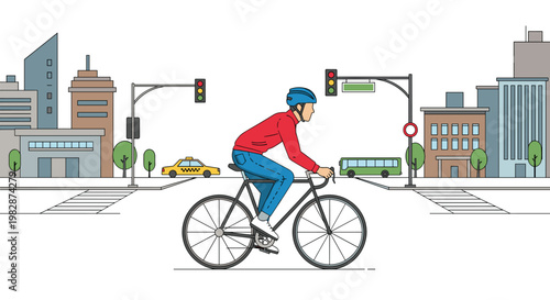 A determined male cyclist in a vibrant red jacket and blue safety helmet pedals his sleek black bicycle past yellow taxis in a bustling city setting.