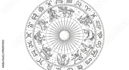 Astrology Zodiac Wheel with Symbols and Constellations.