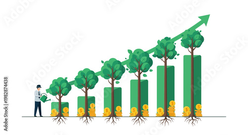 Business Growth and Investment Concept Illustration showing a Businessman Watering Money Trees on a Rising Bar Chart for Financial Success and Wealth Accumulation