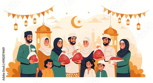 Muslim Family and Community Sharing Sacrificial Meat during Eid al-Adha Celebration Vector Illustration