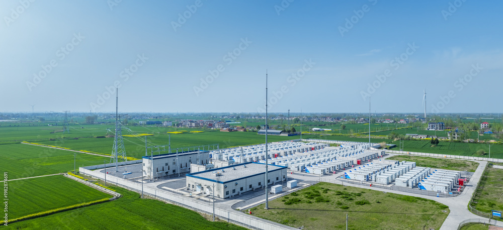 custom made wallpaper toronto digitalAerial View of a Contemporary Grid-Scale Battery Storage Power Station Amidst Verdant Farmland and Wind Turbines