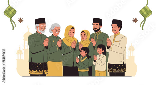 Happy Muslim Family Celebrating Eid al-Fitr Together with Traditional Greetings and Ketupat Decoration Illustration